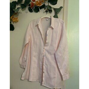 J Jill Large Love 100% Linen Pink White Striped Button Down Shirt Long Sleeve XL